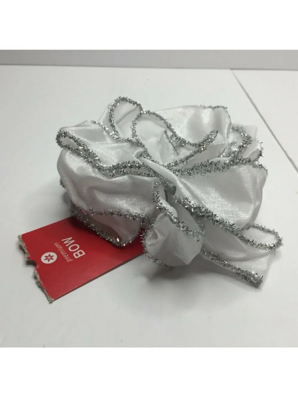 Premium Bow White Silver Tinsel Glitter Shimmer Craft Wreath Decorating Bow